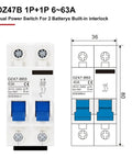 DC Battery and EV Circuit Breaker Workhorse 12V-48V, 2 Pole Mini MCB, front view with specs, auto switch for cars and home use.