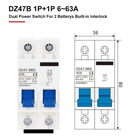 DC Battery and EV Circuit Breaker Workhorse 12V-48V, 2 Pole Mini MCB, front view with specs, auto switch for cars and home use.