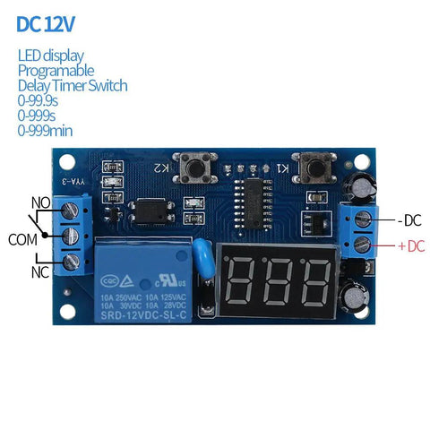 Front view of 12V DC Infinite Cycle Delay Timer Relay with LED display showing options for DIY projects and high precision MCU timing.