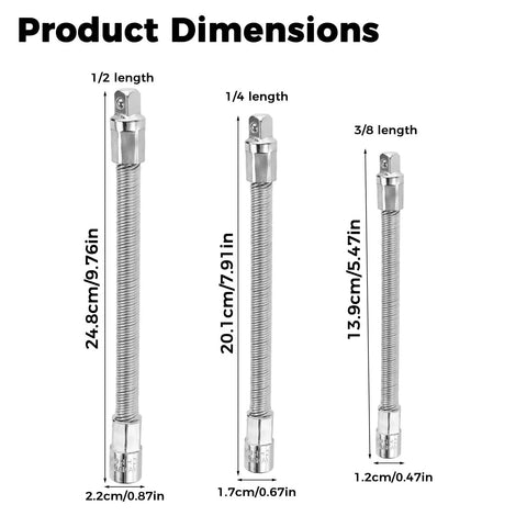 Product Dimensions of Three Piece Flexible Shaft Socket Extension Set For Impact Wrench With 1/4 Inch 3/8 Inch And 1/2 Inch Drives Bendable High Torque Chrome Vanadium Extensions For Auto Repair Tight Spots Easy Access And Heavy Duty Performance.