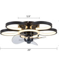 Dope 20 Inch Modern Ceiling Fan With Integrated Led Chandelier Light, Sleek Black And Gold Flush Mount Design, Three Speed Remote Control And Timer Function For Chill Home Vibes, top view with measuring dimensions.