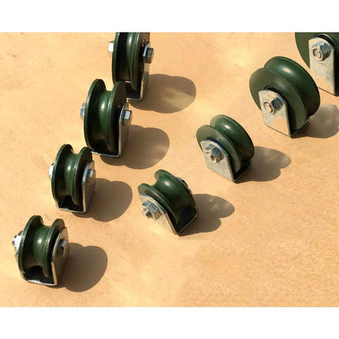 U-groove track wheel caster set, green with metal mounting brackets; multiple pieces