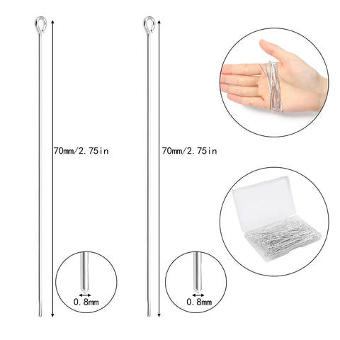 200 Pcs 70mm 21 Gauge Straight Eye Pins For Jewelry Making Silver Color Ball Head Pins For DIY Earrings Bracelets Necklaces Pendants Christmas Crafts, 70mm silver eye pins pack