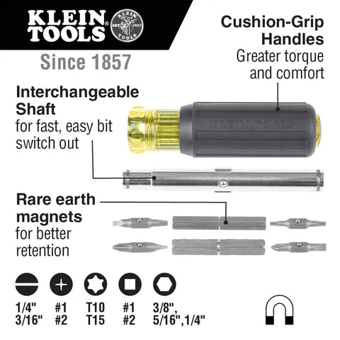 Magnetic Multi-Bit Screwdriver And Nut Driver, 11-In-1 With Eight Bit Tips And Three Nut Driver Sizes, Cushioned Grip Handle