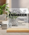 Engineer Gifts For Women And Men Nerdy But Nice Clear Acrylic Desk Sign Decor for office, with wood stand on desk.