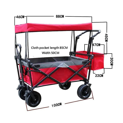 Red folding wagon cart with removable canopy and 4 wheels, push pull handle, side basket, dimensions marked