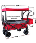 Side view of red Workhorse Folding Wagon Cart With Removable Canopy, Four Wheel Push Pull Hand Cart for shopping, camping.