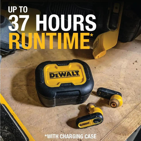 Heavy Duty True Wireless Ear Buds With Type C Charging Case, Bluetooth Headphones For iPhone in yellow on workbench.