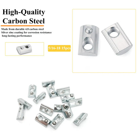 Set Of Fifteen Five Sixteenth Inch Eighteen Thread T Nuts Spring Loaded With Ball Bearings In Silver Zinc Plated Carbon Steel