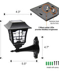 Diagram showing dimensions and features of 4 Pack Solar Wall Lanterns Lights Outdoor Waterproof 15 Lumens Per LED Two LED Bulbs Wall Mount Kit Included For Shed Fence Garden Decor Backyard Ready No Fuss Setup