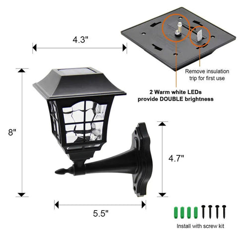 Diagram showing dimensions and features of 4 Pack Solar Wall Lanterns Lights Outdoor Waterproof 15 Lumens Per LED Two LED Bulbs Wall Mount Kit Included For Shed Fence Garden Decor Backyard Ready No Fuss Setup