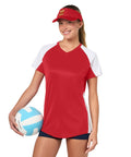 Woman wearing Red Forklift Operator Sun Visor For Warehouse Work, Breathable Mesh with Tricot Backing, holding volleyball, smiling.