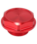 Front view of Red Aluminum Oil Filler Cap Plug Cover for Toyota Vehicles aimed at Highlander RAV4 Yaris Camry Corolla Tacoma.