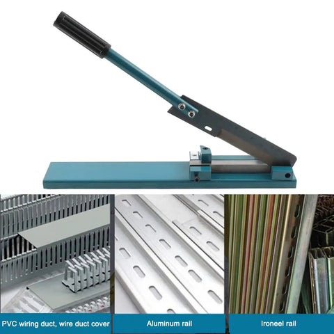 Manual PVC Wire Slot Cutter For 45 Degree And 90 Degree Trunking Cuts with labor-saving handle shown on PVC, aluminum, iron rail.