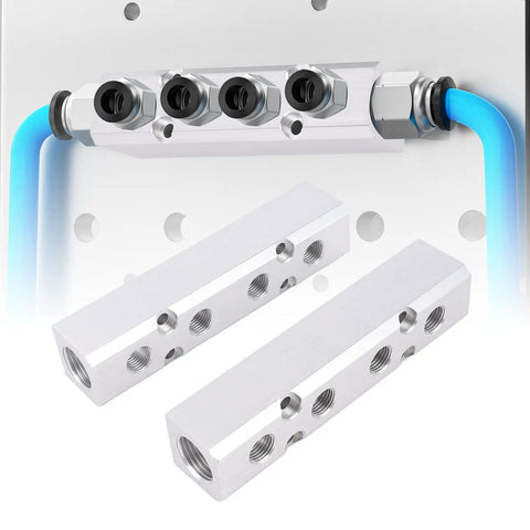 Beefy Aluminum Air Manifold For Four Way Six Port Pneumatic System With One Quarter Inch NPT Output And One Half Inch NPT Supply Heavy Duty Air Distribution Block For Industrial Automation, aluminum manifold