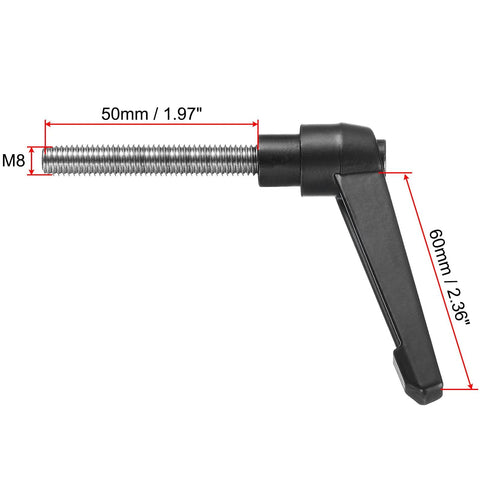 Adjustable clamping lever handle by uxcell with M8 x 50mm stainless steel threaded rod and black lever, side view.