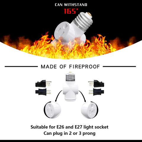 2 Pack Light Socket To Plug Adapter, E26 To 3 Prong Outlet And Light Bulb Socket Converter, shown with fire-resistant feature.
