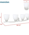 Dimensions diagram of Four Light Metal Bathroom Vanity Wall Light Fixture In Oil Rubbed Bronze With Frosted Glass Shades, 28.5 inches wide.
