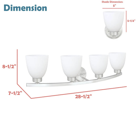 Dimensions diagram of Four Light Metal Bathroom Vanity Wall Light Fixture In Oil Rubbed Bronze With Frosted Glass Shades, 28.5 inches wide.