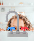 Straight Up Realistic Kitchen Faucet Toy For Kids Pretend Play Sink Accessories with blue and red handles and curved spout.