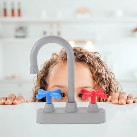 Straight Up Realistic Kitchen Faucet Toy For Kids Pretend Play Sink Accessories with blue and red handles and curved spout.