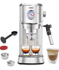 This 20 Bar Espresso Machine Straight Slaps With An Auto Milk Frother And Compact Stainless Steel Build delivering espresso shots.