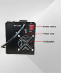 Back view of Three In One MIG MMA TIG Inverter Welder showing power switch, cord, and cooling fan, 110V US power