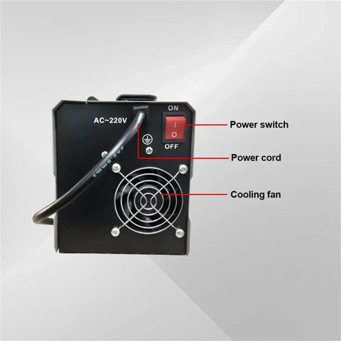 Back view of Three In One MIG MMA TIG Inverter Welder showing power switch, cord, and cooling fan, 110V US power