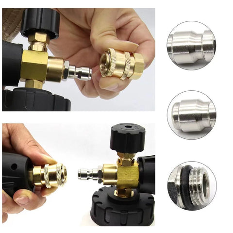 Front view: RecDec 2-pack pressure washer adapter set; brass 1/4 in NPT female to 1/4 in plug fittings for spray gun and hose.