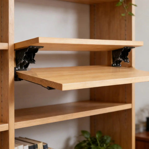 Three Piece Black Folding Table Braces With 180 Degree Self Lock Hinges For No Sweat Quick Install Extension Support And Heavy Duty Stability, showcasing black brackets and wooden shelves.