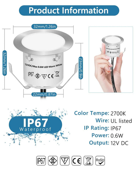 Low Voltage Recessed Deck Light Kit With Transformer Dimmable Timer And Photocell Sensor Easy Install Outdoor LED Landscape Lighting IP67 Waterproof 4000K For Stairs Steps Garden And Yard 16 Pack shown in detail with dimensions and features.