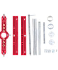 Dead On Mortise Tenon Jig Woodworking Doweling Kit self centering loose tenon system components in red and silver materials.