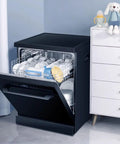 Sleek Compact Countertop Dishwasher Featuring Fully Automatic Smart Controls And Hot Air Drying, loaded with ceramic dishes.