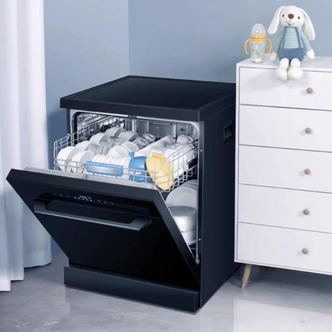 Sleek Compact Countertop Dishwasher Featuring Fully Automatic Smart Controls And Hot Air Drying, loaded with ceramic dishes.