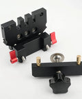 Self Centering Doweling Jig Kit For Woodworking Top Notch Professional Grade Aluminum Alloy Tool With 3 In 1 Drill Bit Locator And 6mm 8mm 10mm Bits For Precise Furniture Assembly And Wood Panel Joining, showing black aluminum components with red accents.