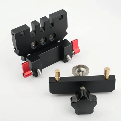 Self Centering Doweling Jig Kit For Woodworking Top Notch Professional Grade Aluminum Alloy Tool With 3 In 1 Drill Bit Locator And 6mm 8mm 10mm Bits For Precise Furniture Assembly And Wood Panel Joining, showing black aluminum components with red accents.