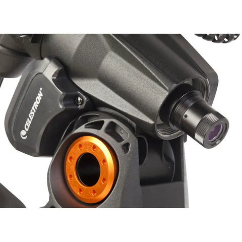Close-up of the Advanced VX Equatorial Mount With Dual Saddle Plate And Polar Axis Finder For Serious Stargazing, showing detail.