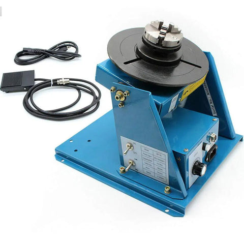 Heavy Duty Rotary Welding Positioner Featuring 110V Power And Smooth Two To Ten Rpm Rotation Compact Mini Turntable For Shops Adjustable Tilt Base Portable with three jaw chuck and control panel.