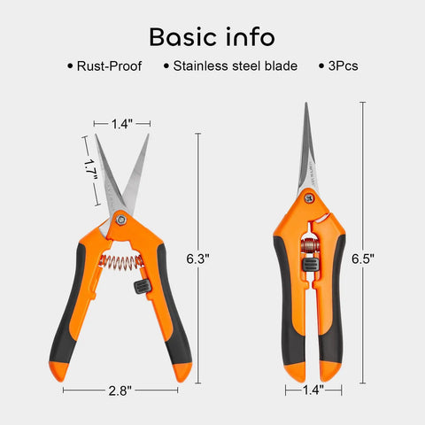 Three Pack 6.5 Inch Pruning Shears For Precise Cuts One Hand Operation Stainless Steel Straight Blades Ergonomic Handles Garden Snips