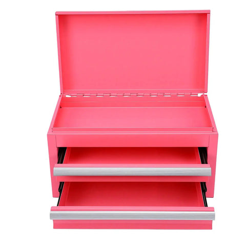 Pink Mini Toolbox Featuring Two Smooth Pullout Drawers And Heavy Duty Iron Frame open top view with two drawers visible.