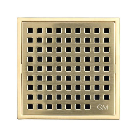 Square Shower Drain Kit In Satin Gold Finish With Marine 316 Stainless Steel Grate And ABS Base Lagos Series Mira Line 4 Inch