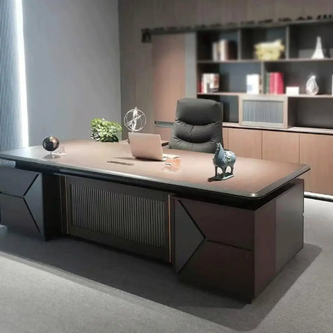 Top Shelf Large Adjustable Standing Computer Desk Engineered To Handle Your Daily Home Office Hustle And Executive Workspace Setup With Rustic Industrial Polish, brown finish, spacious worktop.