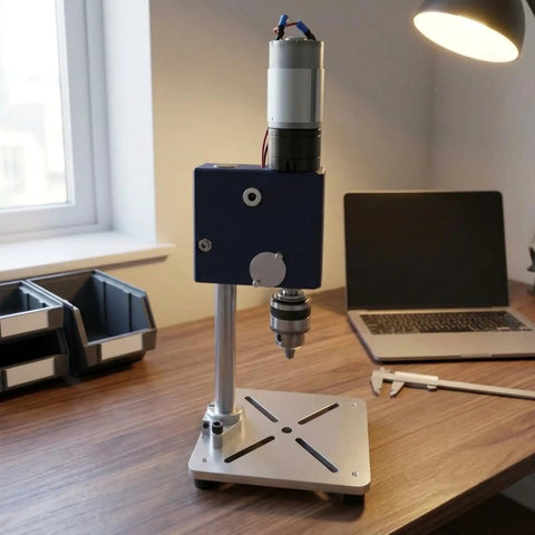 Bothyi Miniature Desktop Drill Press Workbench Tool feature close-up, metal housing, compact design on wood desk.