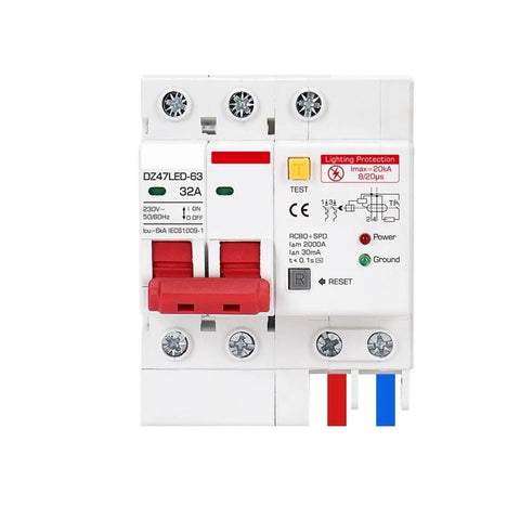 Heavy Hitter Spd Residual Current Breaker With Overload And Lightning Surge Guard 220V AC 32 Amp 30 Ma Trip - front view displaying controls.