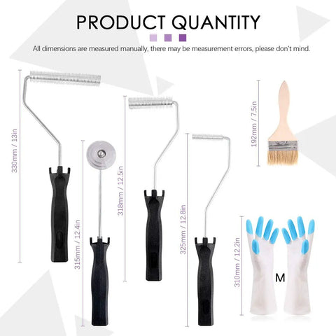 4 Piece Fiberglass Roller Tool Set With Detail Brushes And Pro Grade Glove Kit for resin mold projects, various sizes shown.
