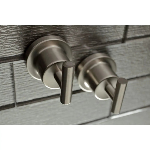 Concord 5 Piece Bathroom Accessory Set In Brushed Nickel For Wall Mount With Two Robe Hooks close-up on tile wall