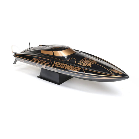 Heatwave Recoil 2 V2 26 Self Righting Brushless RTR RC Boat on stand showing sleek design and decals