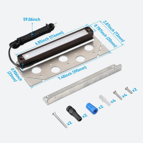 Easy Install 7 Inch LED Hardscape Light With 5CCT Adjustable Output, accessories, and measurements detailed on white background