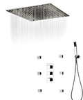Heavy Duty 20X40 Inch Shower Panel System With Solid Three Knob Thermostatic Mixer And Four Mode Settings Like Rainfall Mist Massage Jets Plus Independent Hand Shower In Classic Antique Brass, showcasing large overhead rainhead and multiple jets.