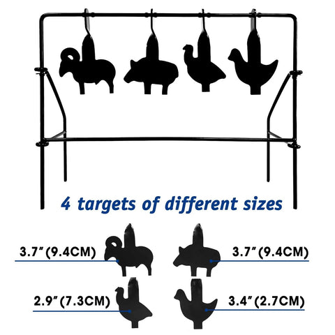Four Unique Animal Silhouette Targets With Auto Reset Spinning Design For Nonstop Shooting Practice In.177 And.20 Caliber Realistic Life Like Targets To Sharpen Accuracy showing four silhouettes mounted on a frame